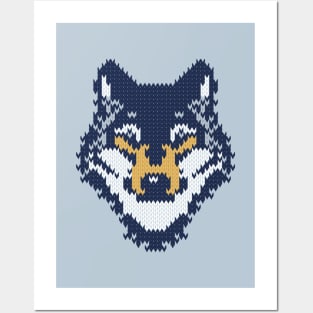 Fair isle knitting grey wolf // spot illustration // navy blue grey and yellow wolf Posters and Art